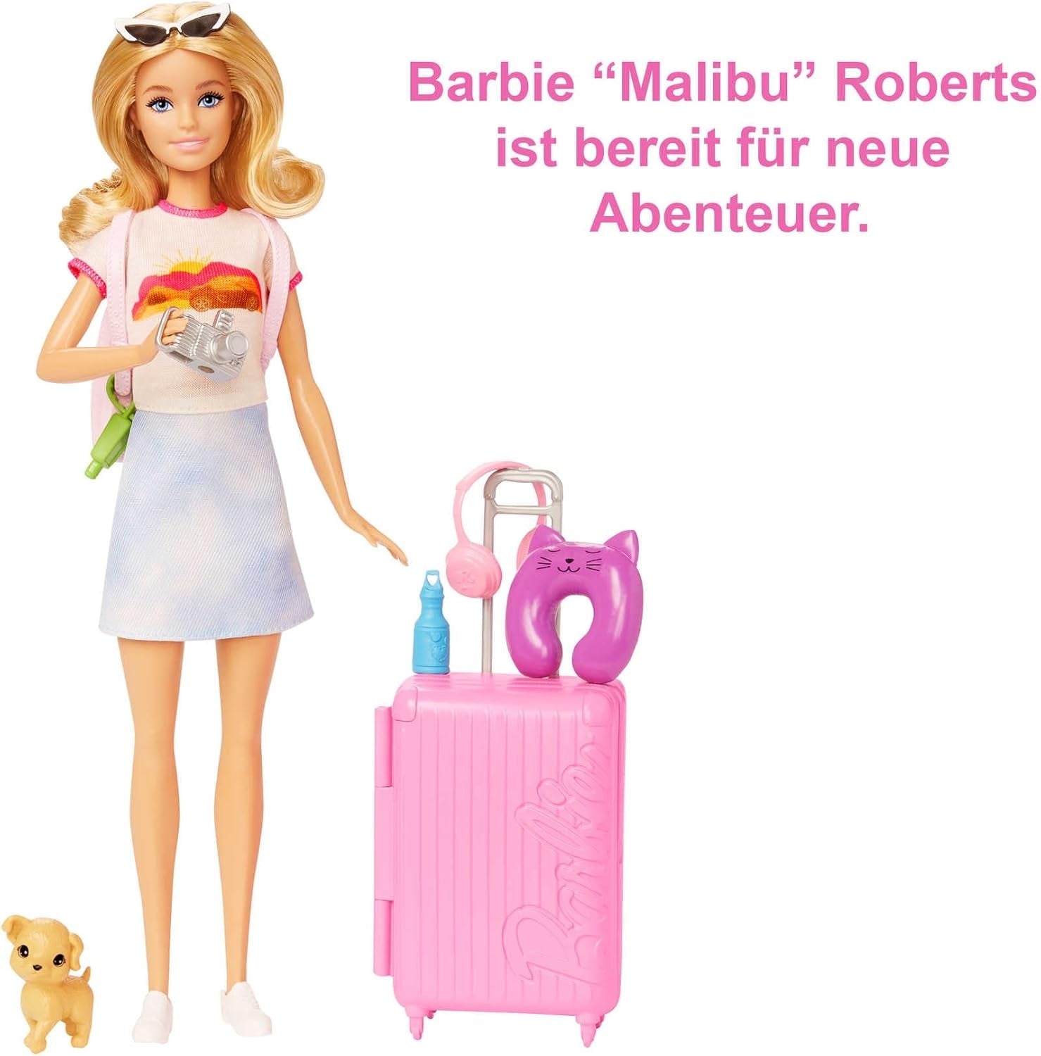 Barbie-Puppe, Reise-Barbie mit blonden Haaren, 10+ Reisezubehör, Aufkleber, Koffer, Welpe, inklusive 1 Puppe, Kindergeschenk, Spielzeug ab 3 Jahren, HJY18