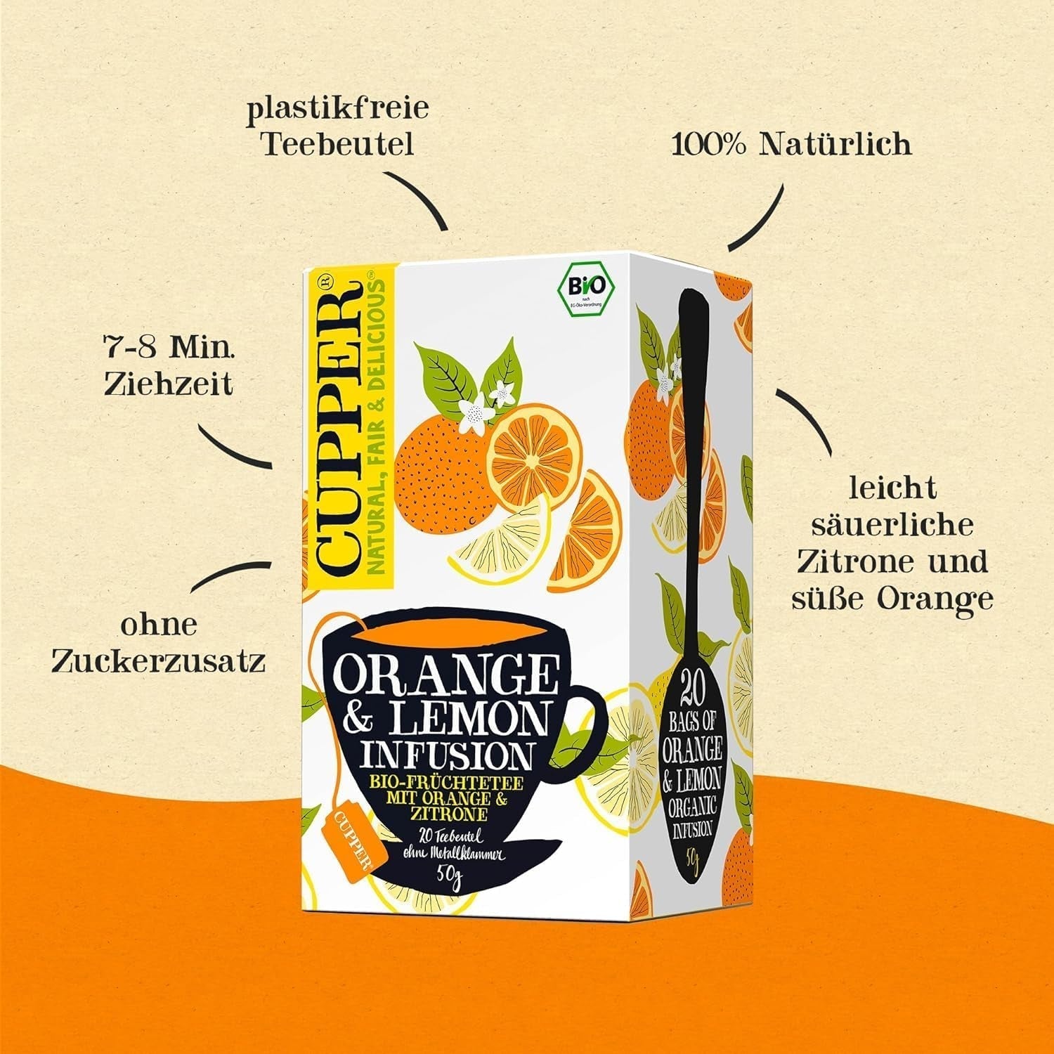 CUPPER Bio-Früchtetee „Orange & Lemon Infusion“, 20 ungebleichte Teebeutel, Bio, Fair Trade