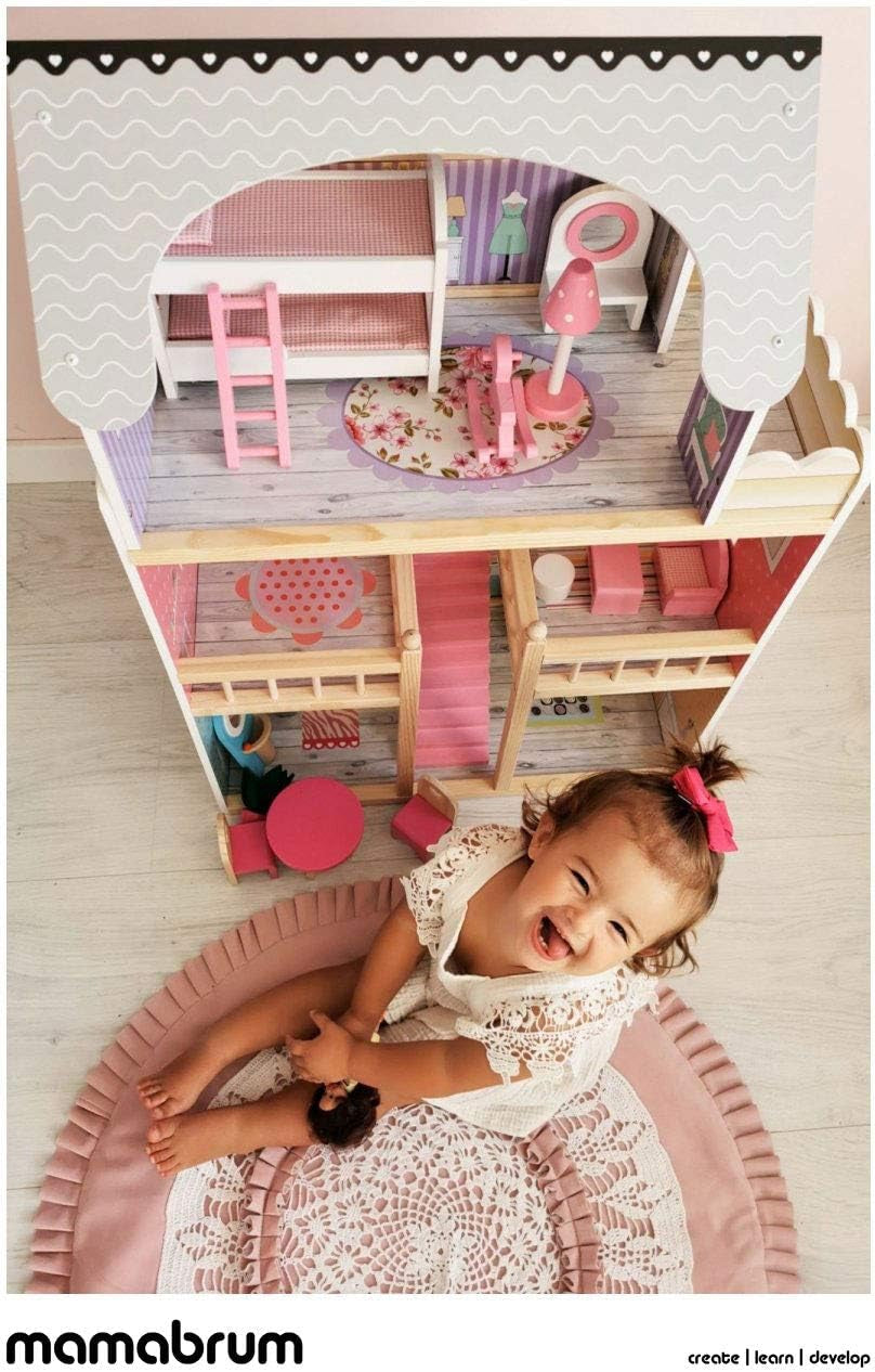 A405 LED-beleuchtetes Puppenhaus – 3 Etagen und Möbelset – Spielhaus aus Holz inklusive Zubehör: Küche, Badezimmer, Schlafzimmer – Geschenk für Mädchen ab 3 Jahren. Puppenhäuser Naty Shop