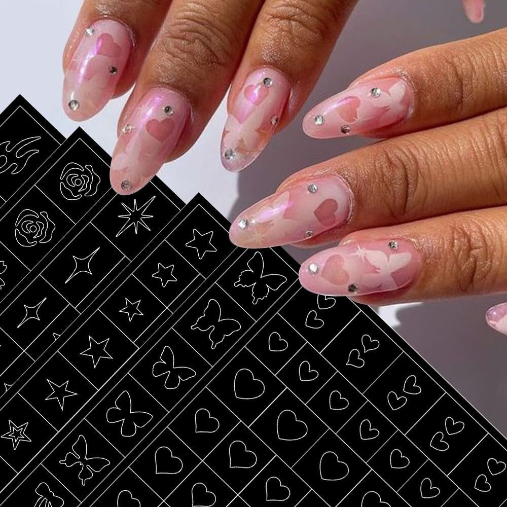 6 Blatt Airbrush-Schablone, Nagelaufkleber, Schmetterling, Flamme, Sterne, Herz, Sterne, Nagelaufkleber, Druckschablone, Werkzeug, Nagelkunst, selbstklebende Aufkleber für Frauen, Nagelkunst-Designaufkleber