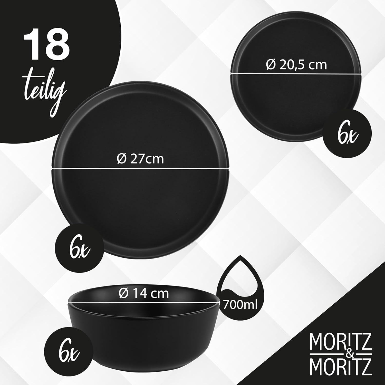 Moritz & Moritz NORDIC 6-Personen-Geschirrset – 18-teiliges Geschirrset aus schwarzem Steinzeug – skandinavisches Design – Robustes 6-Personen-Geschirrset für den täglichen Gebrauch und Gäste – Kombi-Geschirrset