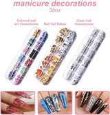 Set mit Nagelaufklebern und Zubehör – 5 Nagelaufkleber, Pinsel, Steine, Zierband, Goldfolie – perfekt für Maniküre und Gelnägel – 50-teiliges Set