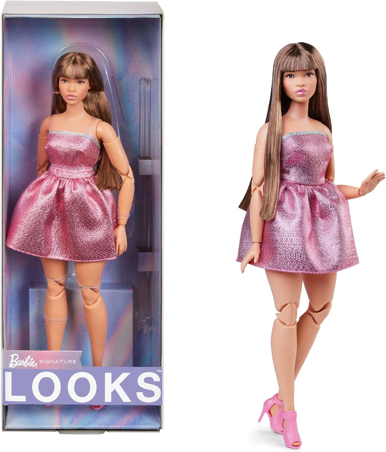 Barbie Looks Doll, Sammelfigur Nr. 24 mit braunem Haar und moderner Y2K-Mode, glitzerndes trägerloses Kleid mit Peeptoe-High-Heels, HRM16 Naty Shop Dolls Standardtitel