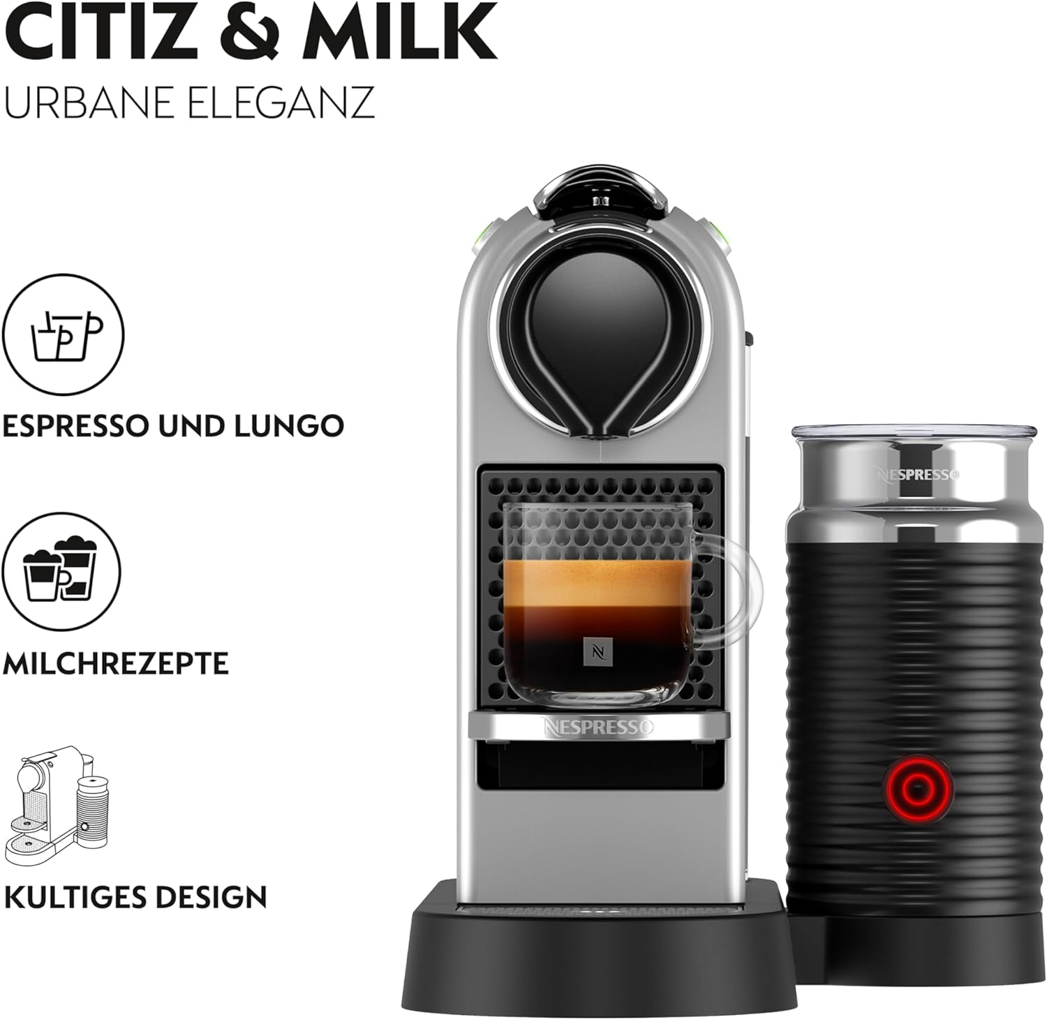 Espressomaschine mit Nespresso-Kapseln XN761B Citiz&Milk | Automatischer Standby-Modus | 1260 Watt | Fassungsvermögen des Wassertanks: 1 l | Pumpendruck: 19 bar | Silber