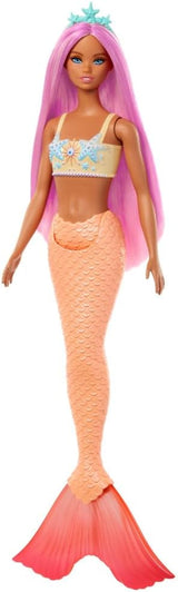 Meerjungfrau-Barbie-Puppe mit schickem rosa Haar und Stirnband, Seesternkopf-Puppe und weicher orangefarbener Schwanzflosse, HRR05