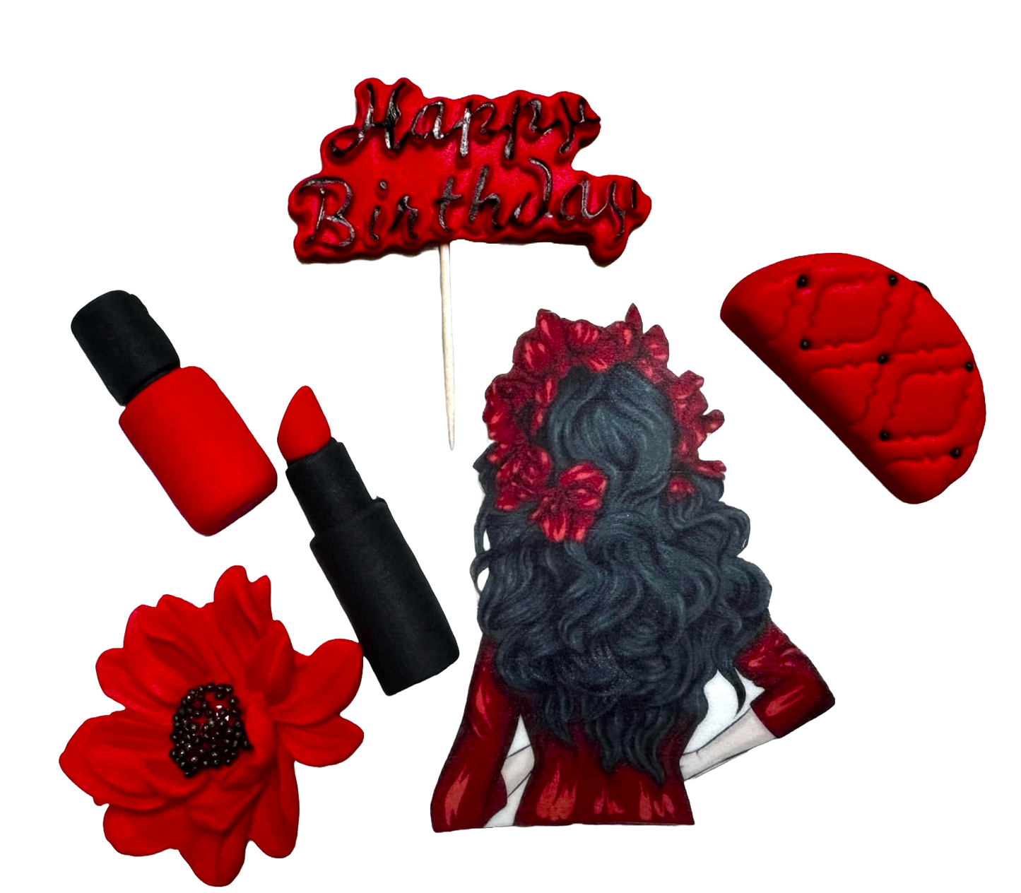 Set mit 6 essbaren Zuckerpaste-Dekorationen, schöne Dame, rote und schwarze Zuckerpaste-Dekorationen, Naty Shop