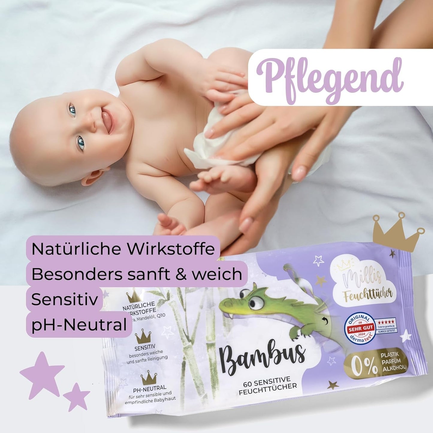 Millis Bamboo Baby Sensitive Feuchttücher für zarte Babyhaut – 5 x 60 Stück – Natürliche, sanfte und nachhaltige Reinigung – Biologisch abbaubare Babytücher, plastikfrei und alkoholfrei