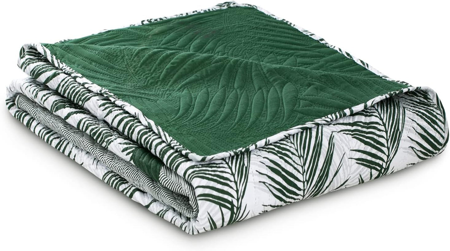 Ameliahome Tagesdecke, Tagesdecke, 170 x 210 cm, doppelseitig, pflegeleicht, Tagesdecke, Pflanzenmuster, grün, weiß, tropische Bonaire-Betten und Decken. Besuchen Sie den AmeliaHome-Store
