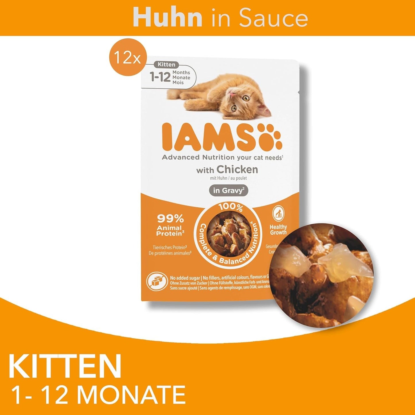 IAMS Delights Kitten Nassfutter - Multipack Katzenfutter mit Hunn in Sauce, hochwertiges Futter für Junior Kätzchen von 1-12 Monaten, 12 x 85 g