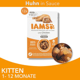 IAMS Delights Kitten Nassfutter - Multipack Katzenfutter mit Hunn in Sauce, hochwertiges Futter für Junior Kätzchen von 1-12 Monaten, 12 x 85 g