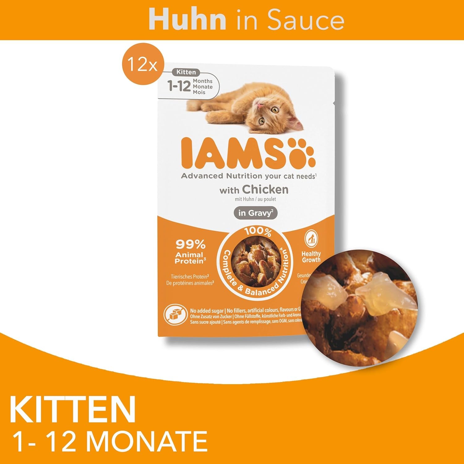 IAMS Delights Kitten Nassfutter - Multipack Katzenfutter mit Hunn in Sauce, hochwertiges Futter für Junior Kätzchen von 1-12 Monaten, 12 x 85 g