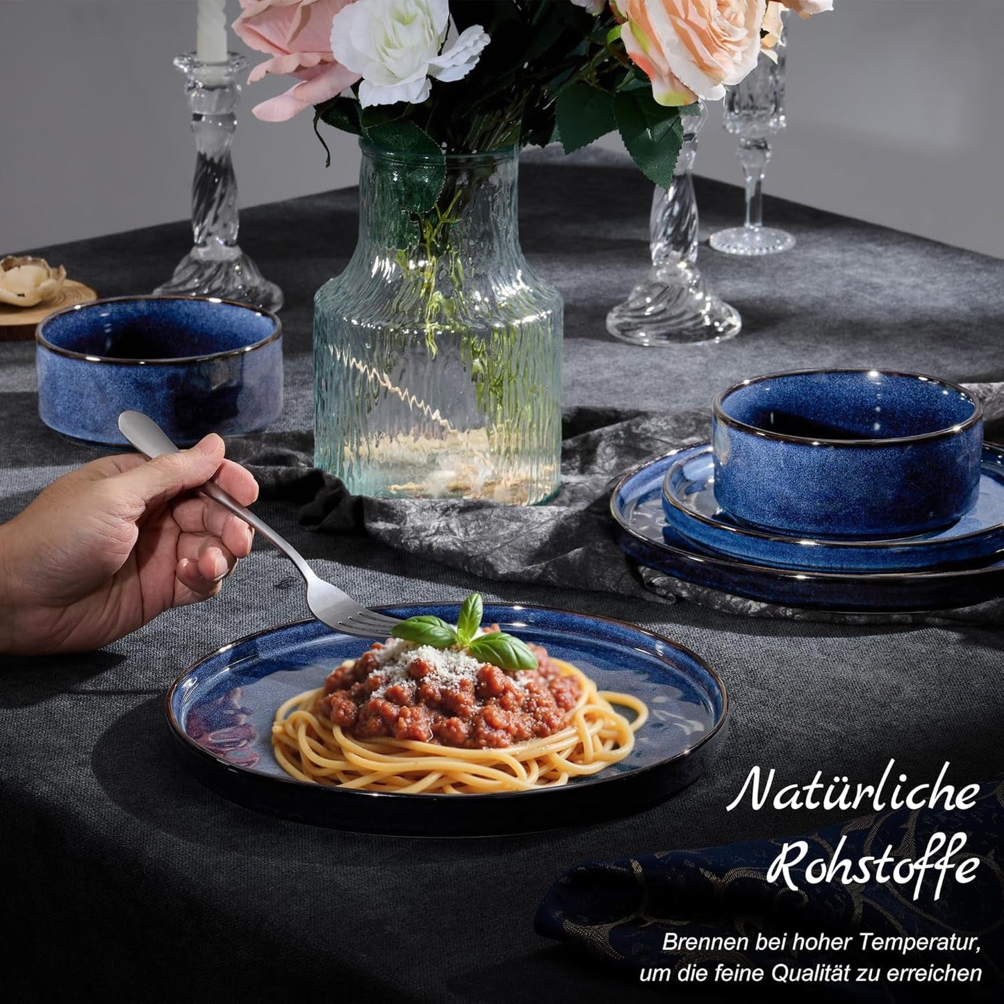 Homikit Geschirrset, 12-teiliges Geschirrset für 4 Personen, Kombiservice mit Tellern, Desserttellern und Müslischalen, mikrowellen- und spülmaschinenfest, elegantes Blau