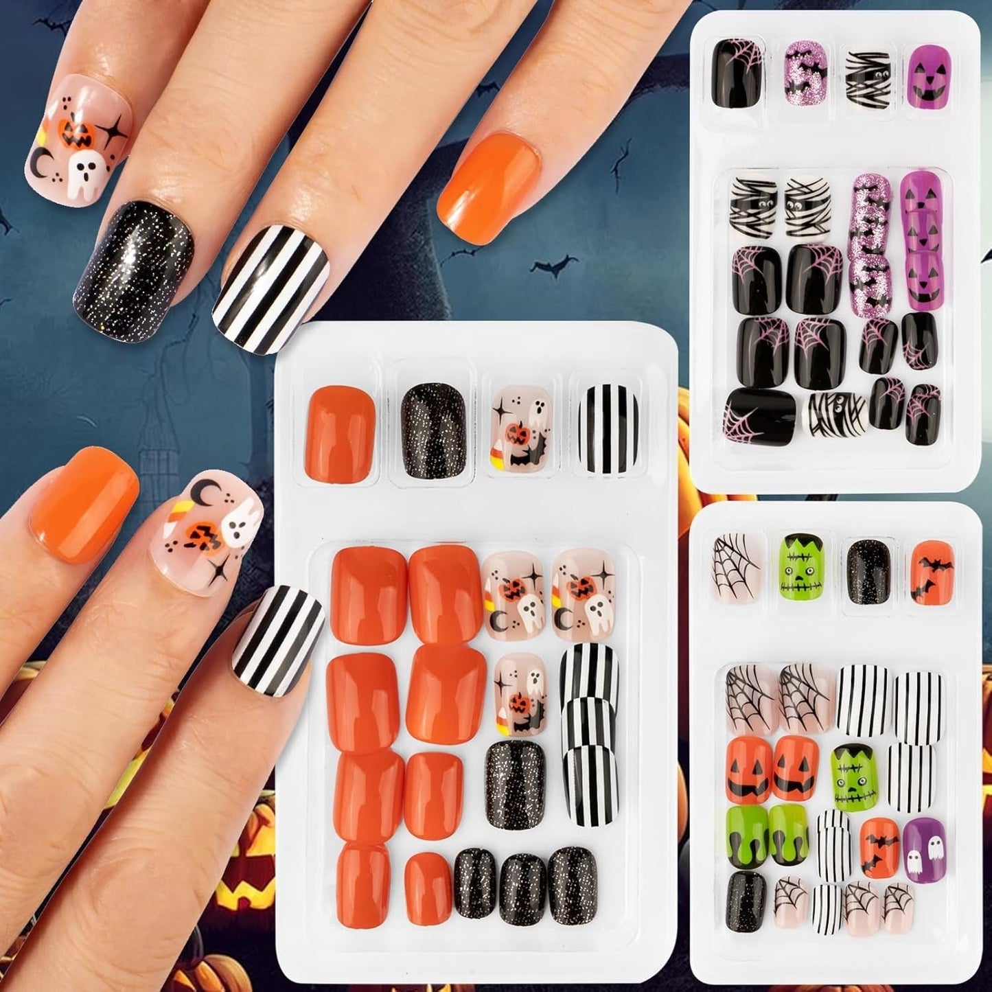72 Stück Halloween-Nägel, selbstklebende künstliche Nägel, kurze künstliche Nägel, selbstklebende gepresste Nägel, Kürbisgeist, künstliche Nägel, Tipps, Nagelkunst, Orange, Grün, Schwarz
