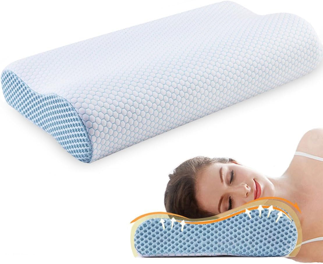 Kissen aus Memory-Schaum, Nackenstützkissen, ergonomisches Nackenkissen für verschiedene Schlafpositionen mit abnehmbarem Bezug, orthopädische Halskissen von Naty Shop, Blau und Weiß