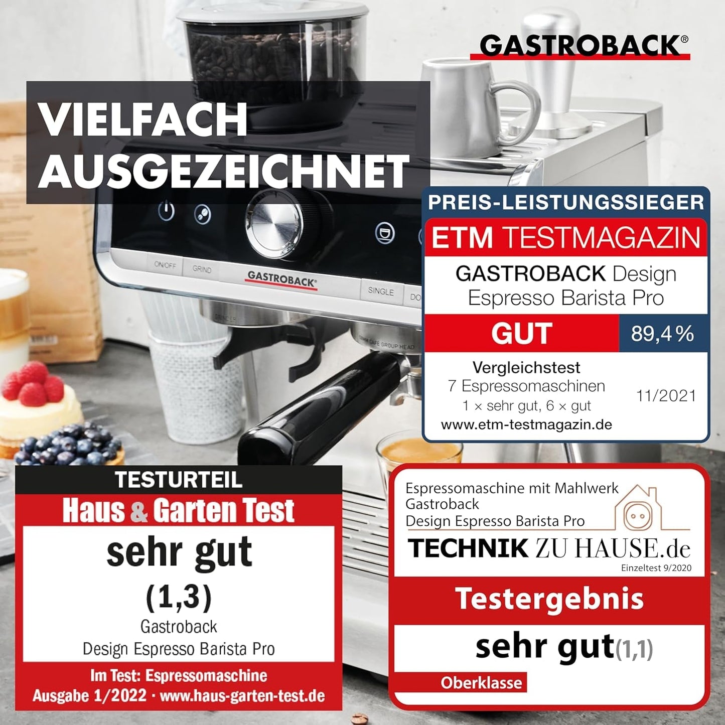 GASTROBACK Espressomaschine mit Mahlwerk inklusive Milchkännchen, Presser und Edelstahl-Siebträger – Barista-Espressomaschine mit Milchaufschäumer – Espressomaschine mit 30 Mahlgradeinstellungen