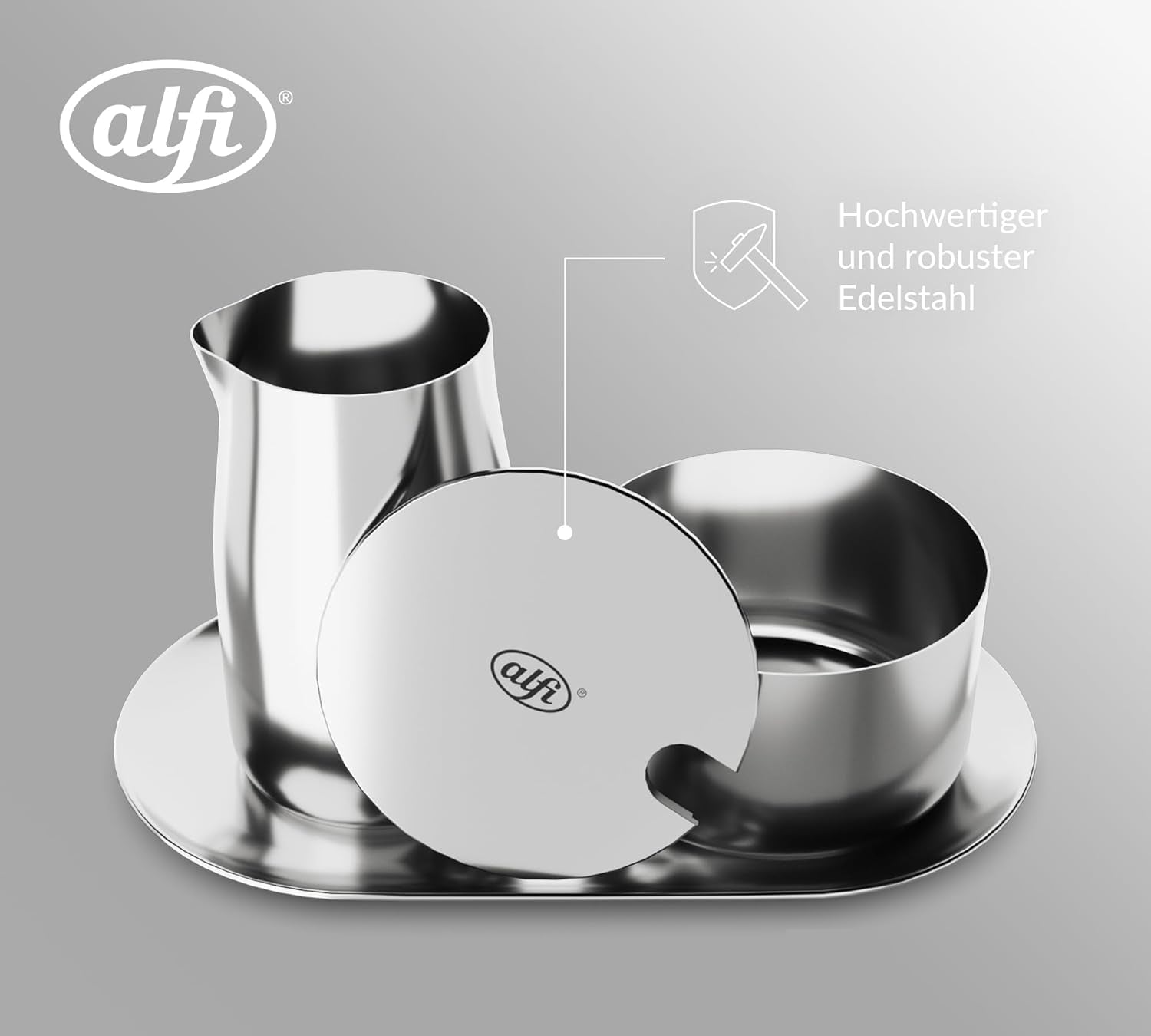 Milch- und Zuckerset alfi hochwertiges Milch- und Zuckerset aus poliertem Edelstahl, elegantes Design, spülmaschinenfest, langlebig