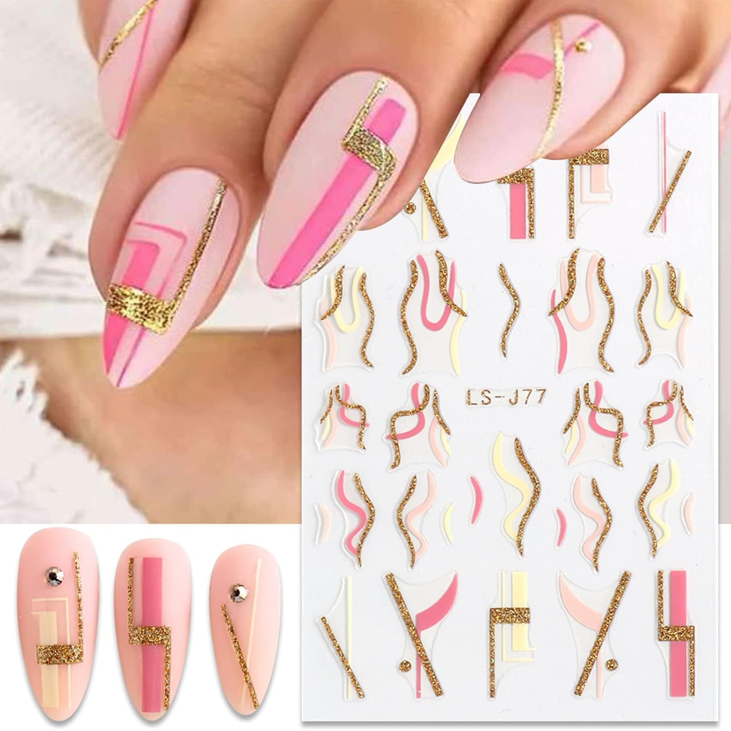 JMEOWIO Nagelsticker Französische Spitze 9 Blatt Nail Art Sticker Selbstklebend Nagelaufkleber Glitzer Wellenlinie Dekoration Nageldesign Zubehör
