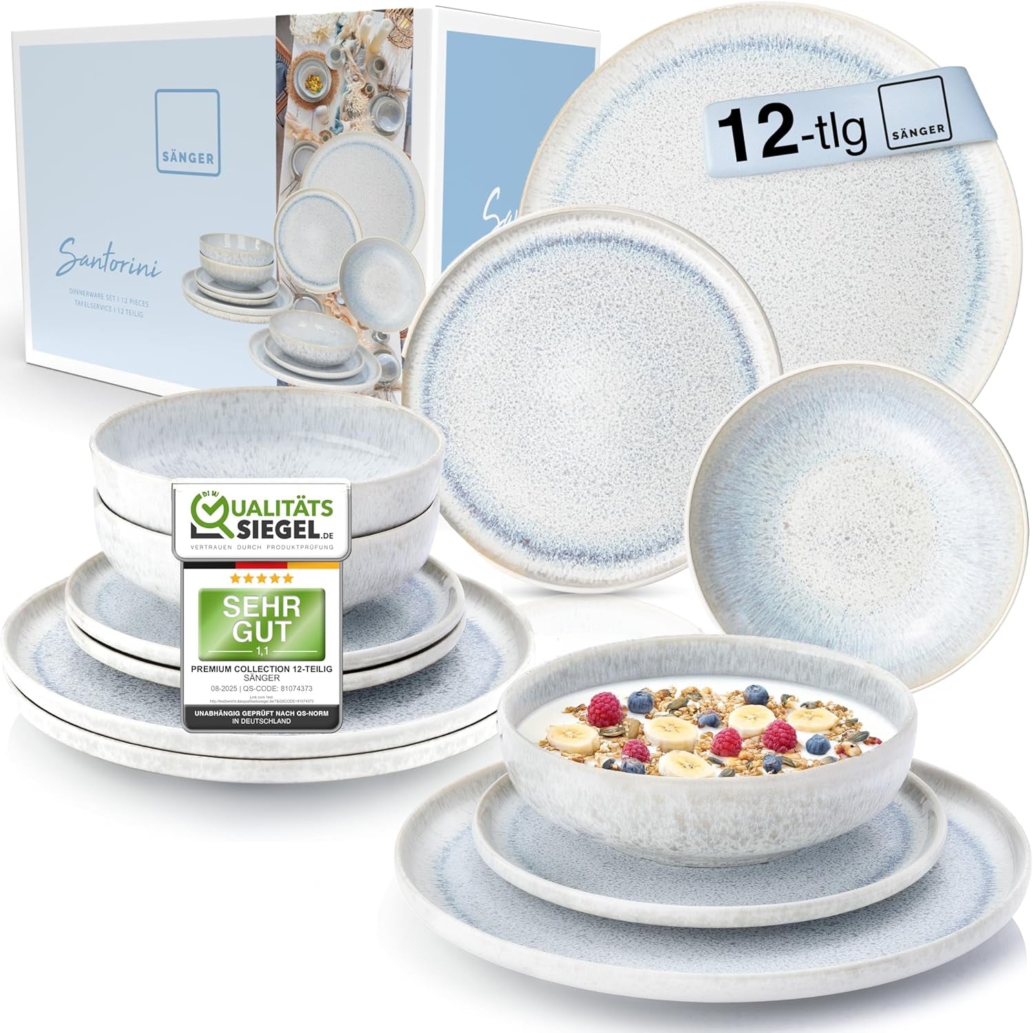 SANGER | 12-teiliges Santorini-Geschirrset, 4-Personen-Tellerset, SEHR GUT bewertetes Steinzeug-Geschirrset, einschließlich Speisetellern, Desserttellern und Suma-Tellern, Farbverlauf Creme-Flieder-Blau | DIE PREMIUM-KOLLEKTION