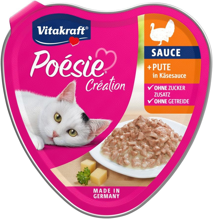 Vitakraft Poésie Création, Nassfutter für Katzen, Nassfutter für Katzen in Soße, mit Truthahn in Käsesoße, Multipack, ohne Zusatz von Zucker oder Getreide (15 x 85 g)