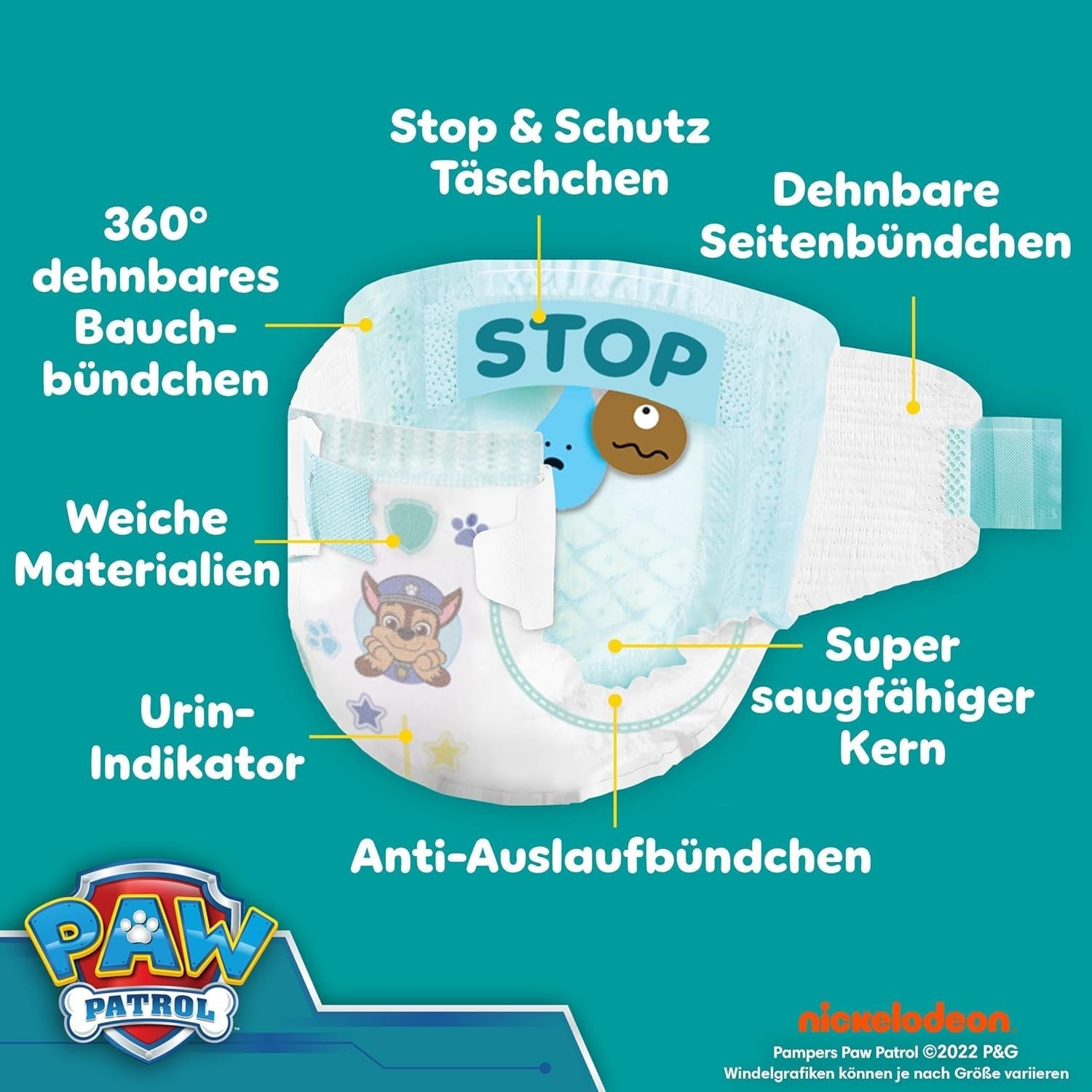 Pampers Baby-Dry Puppy Patrol Edition Windeln, Größe 4, 222 Windeln, 9 kg – 14 kg, bis zu 100 % Auslaufschutz und Komfort die ganze Nacht