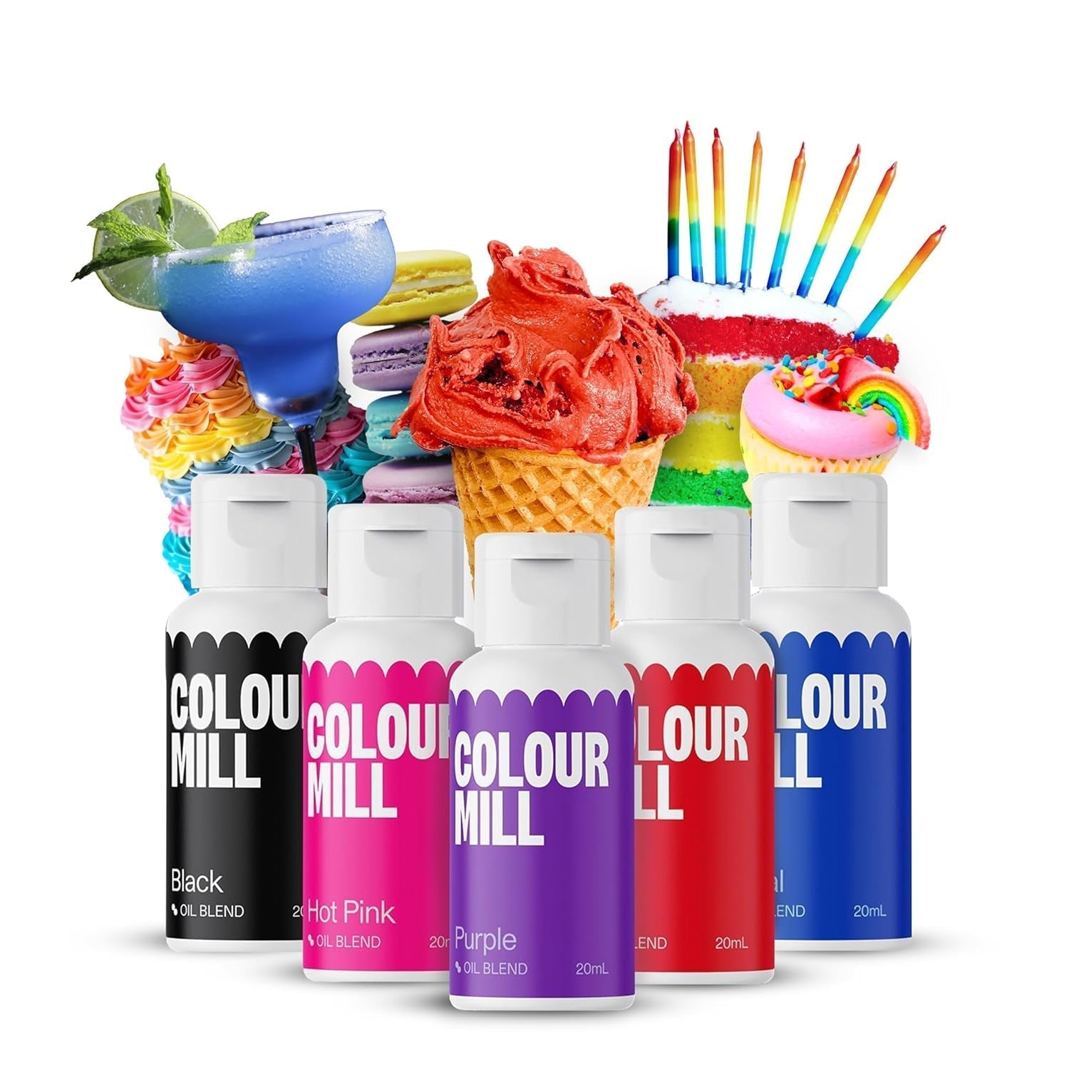 Color Mill Flüssiges Lebensmittelfarben-Set – 5 x 20 ml auf Ölbasis (Schwarz, Pink, Lila, Rot und Blau) – UV-beständig – perfekt zum Backen und als Belag für Kuchen, Muffins und Kuchendekorationen