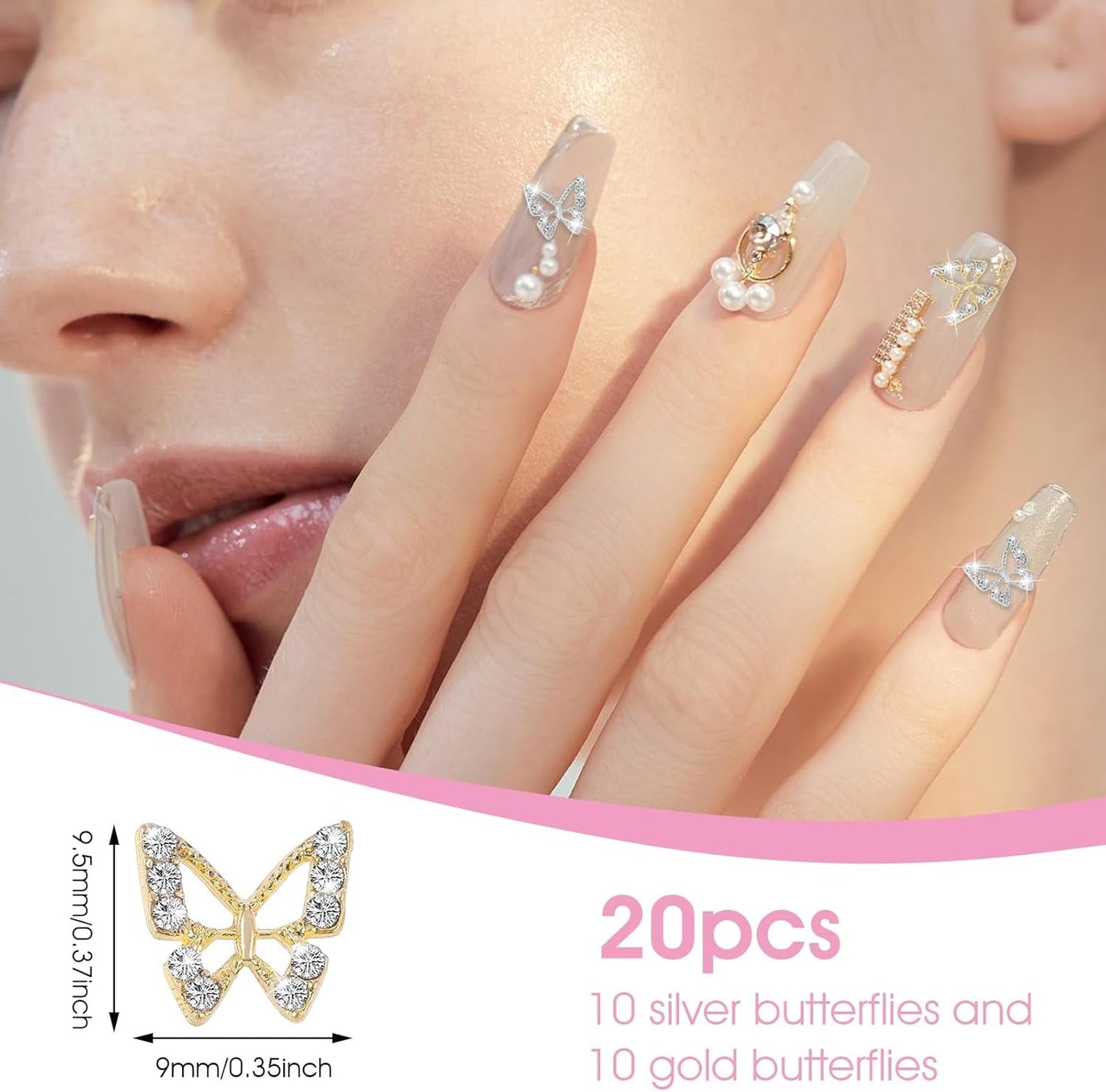 20 Stück Glitzer-Schmetterlings-Nagelanhänger, Nagelkunst-Strasssteine, Nagelsteine, Schmetterlings-Nagelkunst, Strasssteine, Valentinstag-Nagelanhänger, DIY-Handyhüllen-Dekoration