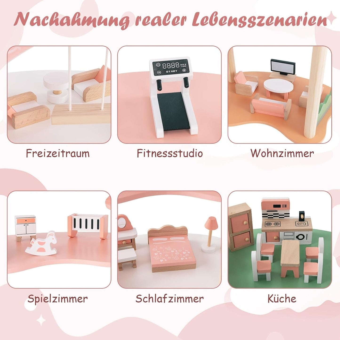 FANTASK Puppenhaus aus Holz, 85 cm hoch, 7-Zimmer-Puppenhaus mit 32 Möbeln und Zubehör, Puppenhaus mit Strickleiter, Puppenhaus-Geschenk für 3-jährige Mädchen (Modell 3) Naty Shop Puppenhäuser