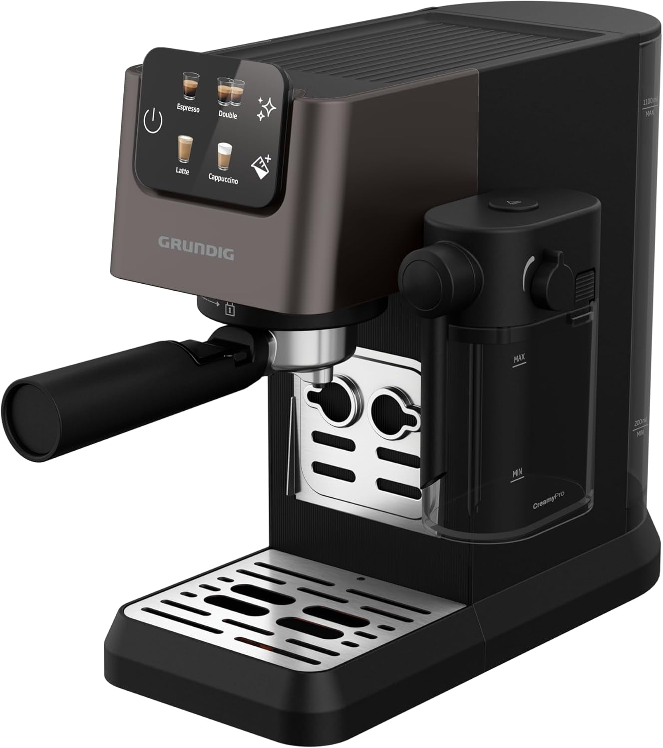 Siebträger-Espressomaschine GRUNDIG KSM 5330 mit integriertem Milchbehälter, Leistung 1628 W, Pumpendruck 15 bar, Doppeldüse, farbiges Touch-Display, BrewSense, CreamyPro, Edelstahl dunkel/Schwarz