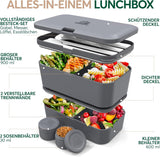 Umami-Lunchbox für Erwachsene, stapelbare Bento-Box mit 4 Besteck und Fächern, Lunchbox für Erwachsene, To-Go-Salatbehälter, Picknick-/Büro-Lunchbox, Anthrazit, 1500 ml Frischhalteboxen Naty Shop