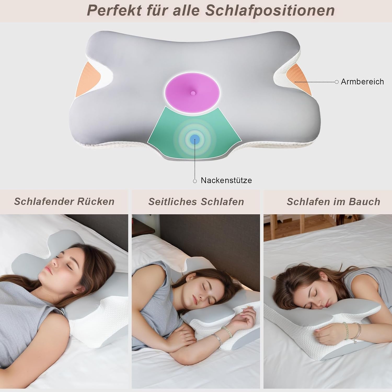 Nackenkissen, orthopädisches Kopfkissen, Memory-Schaum-Kissen, Seitenaufprallkissen – ergonomisches Design, hohle Form für Seiten-, Rücken- und Bauchaufprall, hellgrau, orthopädische Halskissen von Naty Shop
