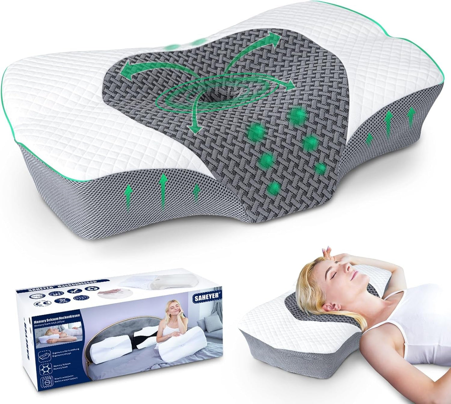 SAHEYER orthopädisches Kissen Nackenstützkissen Kopfkissen ergonomisches Nackenkissen Seitenschläferkissen 60 x 40 x 13/11 cm Memory-Schaum-Kissen für Seitenschläfer Rücken und Bauch Zervikale orthopädische Kissen Naty Shop Grau