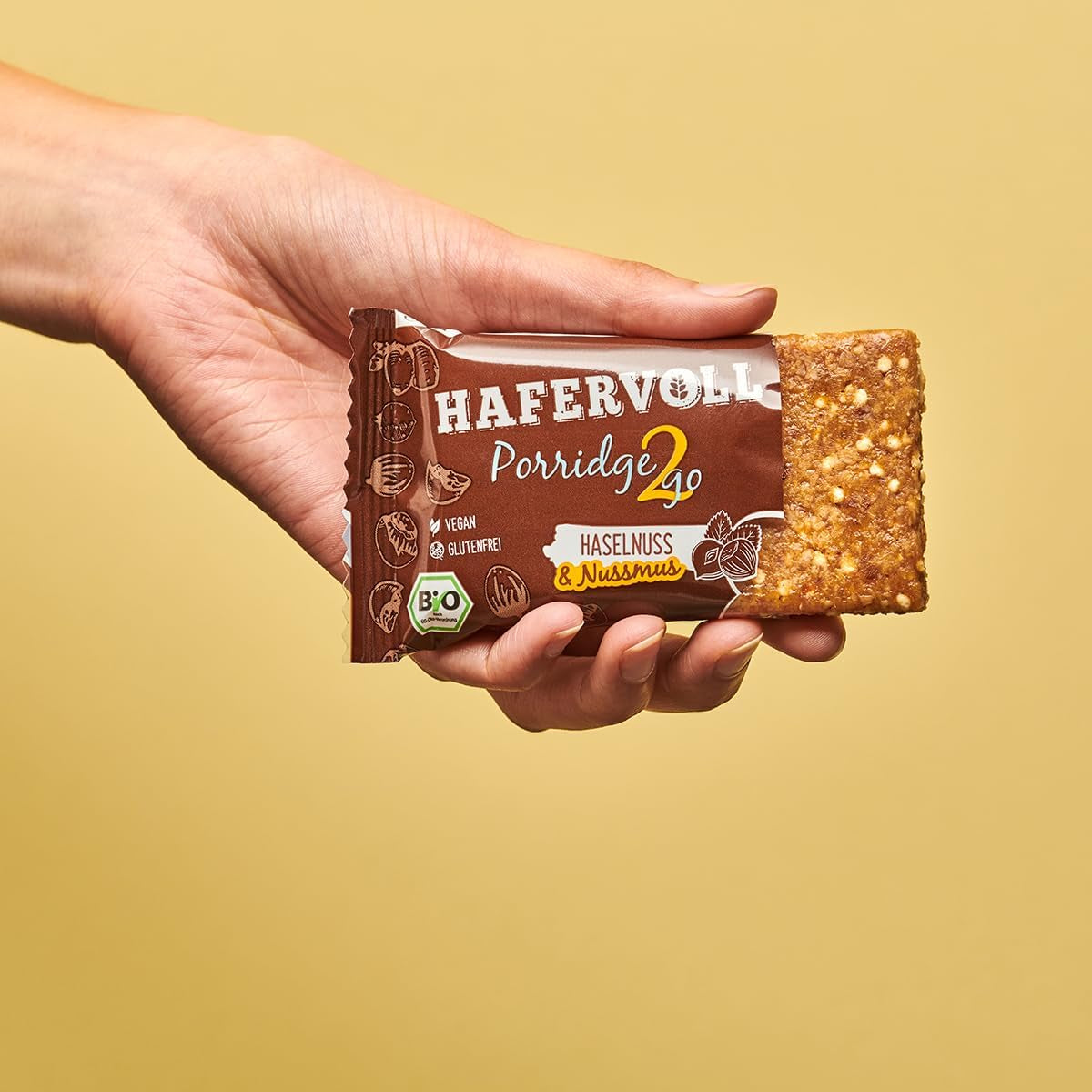 Hafervoll Porridge2go Erdnussbutter und Nüsse, 13 Riegel x 55 g – Vegan, Bio, Glutenfrei, Snack ohne Zuckerzusatz, mit Hafer, Datteln und Quinoa-Süßigkeit