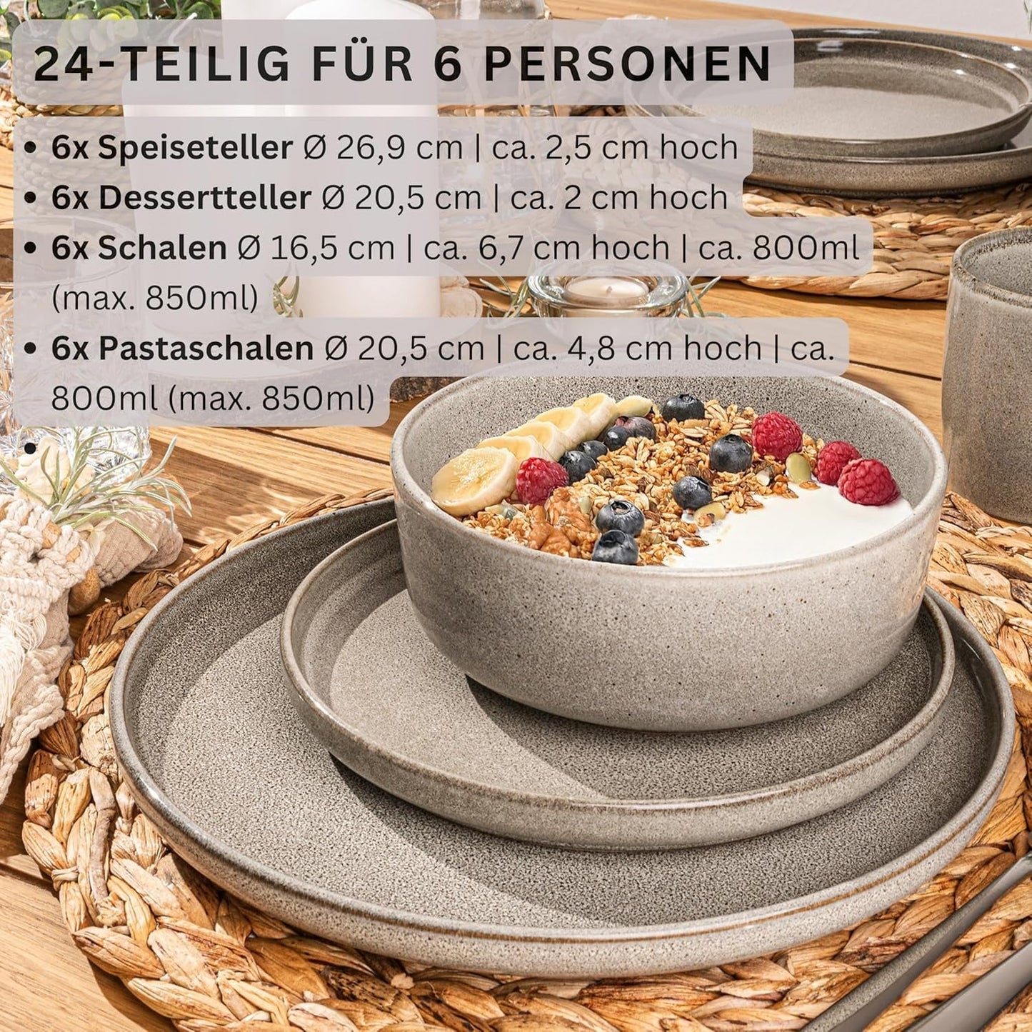 SÄNGER Cairo Clay | 24-teiliges Geschirrset, Steinzeug-Geschirrset für 6 Personen, 6 Teller, 6 Dessertteller, 6 Nudelschalen, 6 Servierschüsseln, graues Geschirrset | DIE VALUE-KOLLEKTION