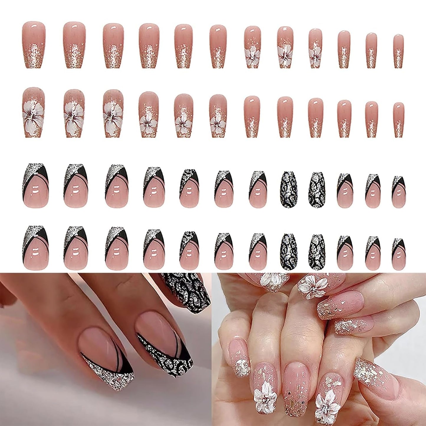 Künstliche Nägel, natürlicher Glitzer, kurzes Aufdrücken, selbstklebende Glitzernägel aus Acryl für Frauen und Mädchen, Nagelkunst-Zubehör, 48 Stück