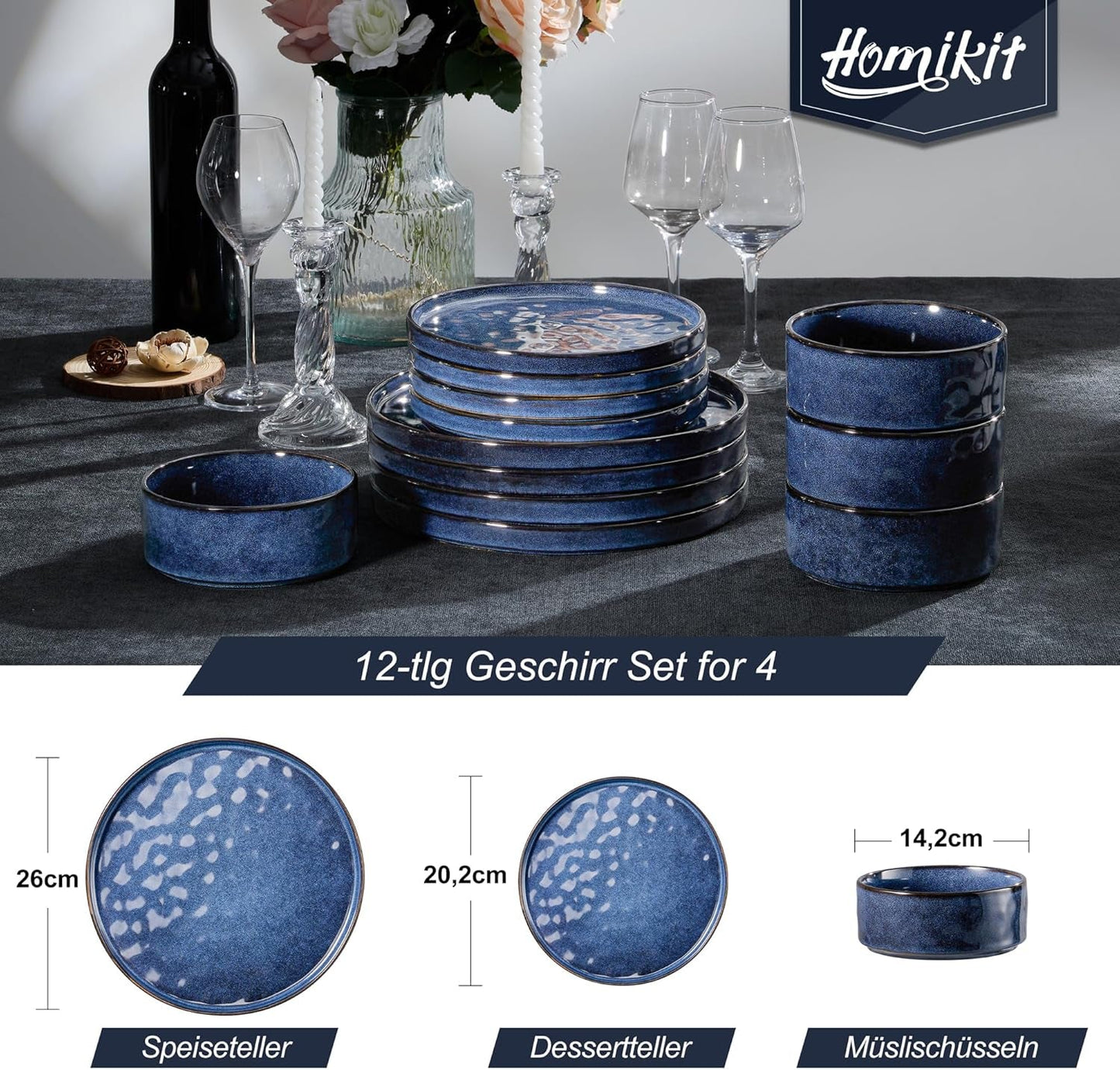 Homikit Geschirrset, 12-teiliges Geschirrset für 4 Personen, Kombiservice mit Tellern, Desserttellern und Müslischalen, mikrowellen- und spülmaschinenfest, elegantes Blau