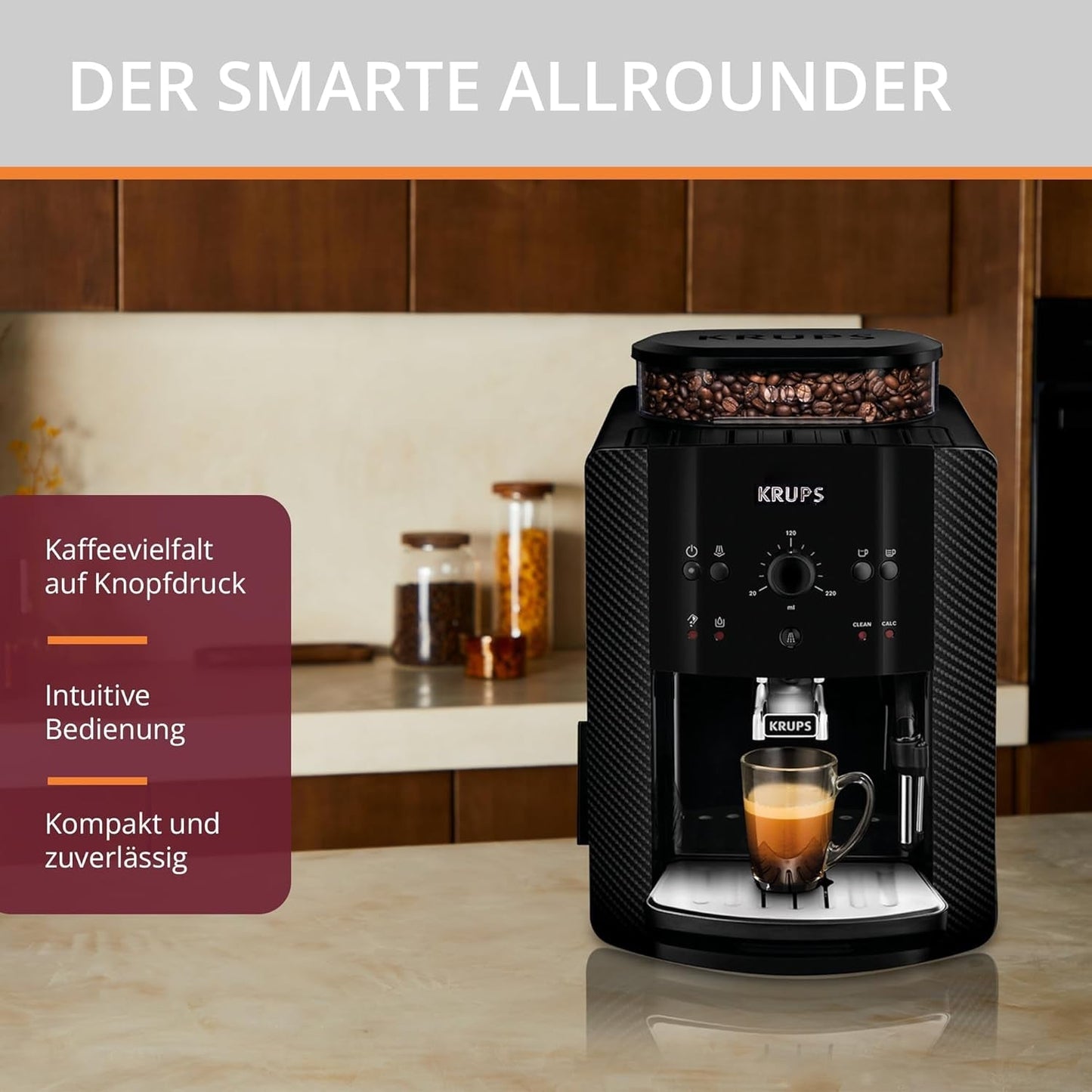 KRUPS Arabica Picto automatische Espressomaschine, kompaktes Design, einfache Bedienung, intuitiv einstellbarer Drehregler, Milchaufschäumer, 2-Tassen-Funktion, Espressomaschine, schwarz, EA810870