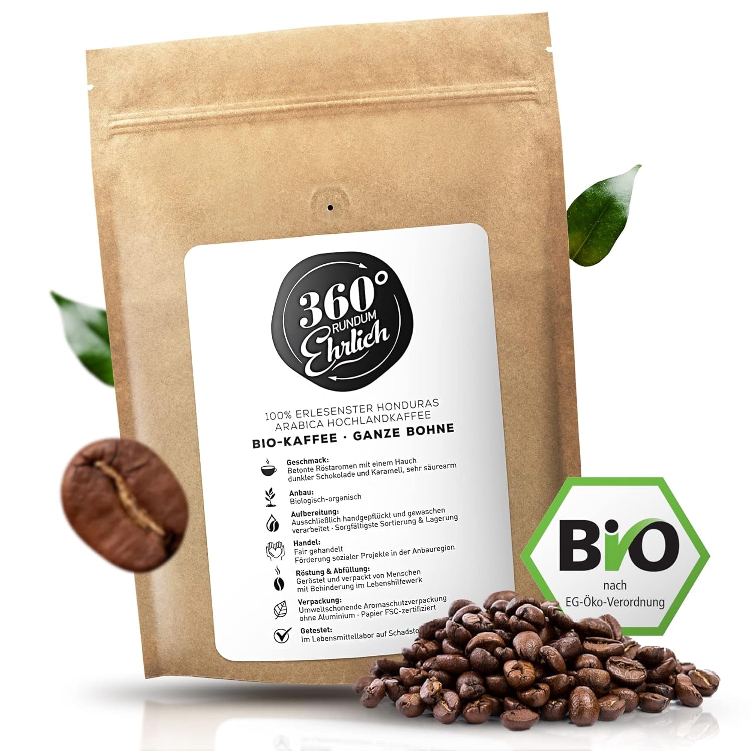Premium Bio Kaffeebohnen 1000g, 100% Honduras Hochland Arabica Kaffeebohnen Bio - Köstlich, mild, säurearm - Bio Kaffee ganze Bohnen - Ideal als Kaffeebohnen Vollaautomat - 360° Rundum Ehrlich