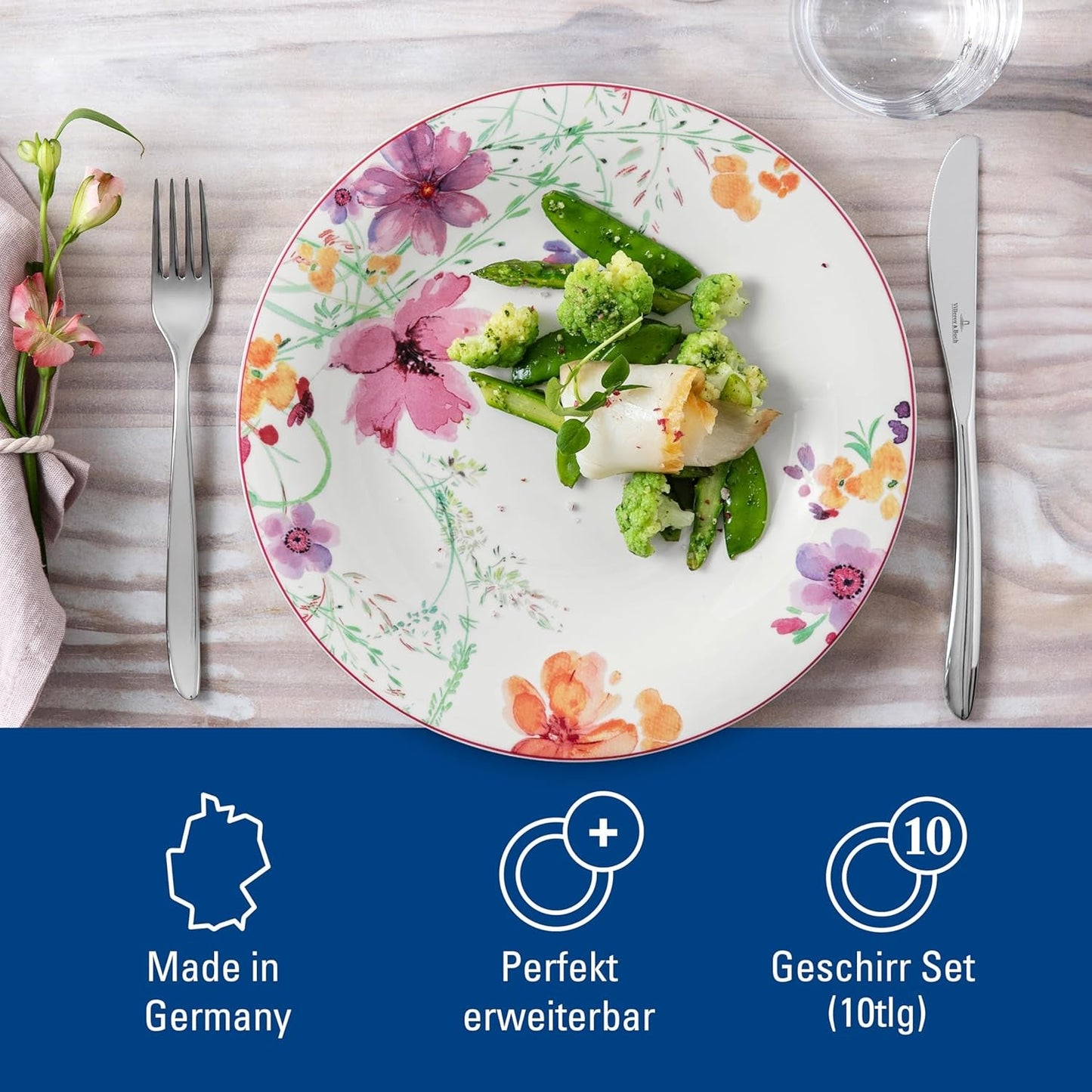 Villeroy & Boch Mariefleur Starter-Set, verschiedene Farben, spülmaschinenfest, mikrowellengeeignet, Geschirrset für 2, florales Geschirrset, Essgeschirr, Kombinationsset, Premium-Porzellan