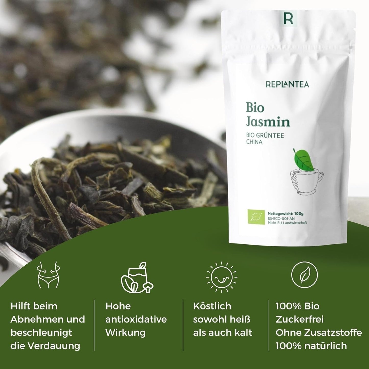 Bio-Grüntee mit Jasmin 100 g (50 Tassen) | Jasmintee aus China in Großpackung, Bio-Qualität REPLANTEA