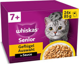 Whiskas 7+ Nassfutter für Katzen, Auswahl an Geflügel in Sauce, 24 x 85 g (2 Packungen) – hochwertiges Nassfutter ab 7 Jahren in 48 Portionsbeuteln