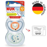 NUK Space Night Schnuller, 0–6 Monate, extra große Belüftungsöffnungen, leuchtet im Dunkeln, BPA-freies Silikon, Fuchs und Marienkäfer, 2er-Pack