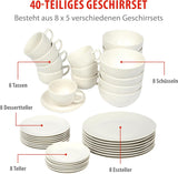 alpina Geschirrset 8 Personen - 40-teiliges Steingut Geschirr - Teller Set mit Speiseteller, Schalen und Kaffeebecher - Campinggeschirr - Mikrowellen- und Spülmaschinengeeignet - Weiß