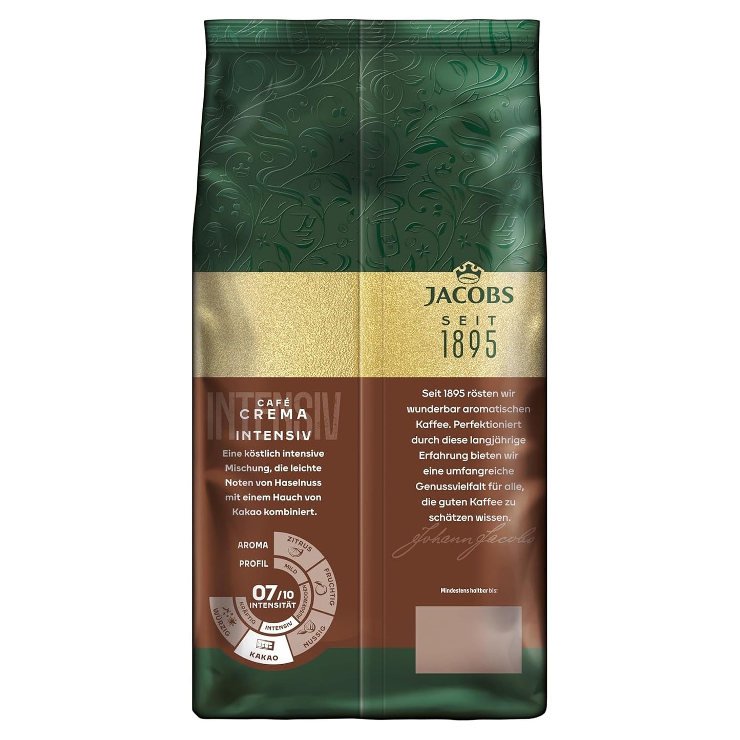 Jacobs Kaffeebohnen Café Crema Intense, intensiv mit Kakao- & Nussnote, geröstet in Bremen, Intensität 7/10, Kaffee ganze Bohnen, 1 kg