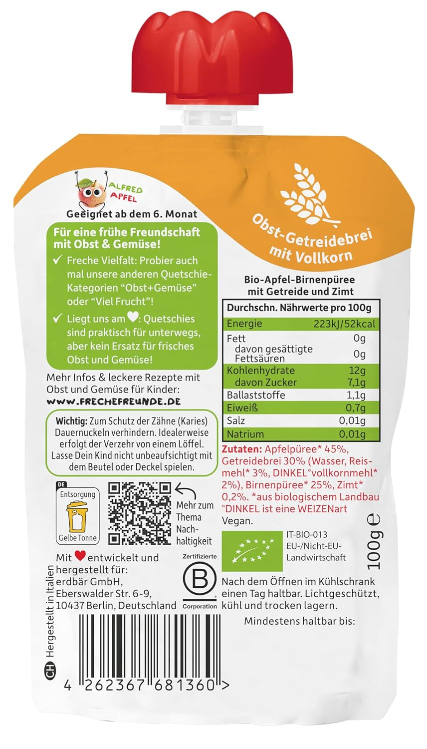 FRECHE FREUNDE Bio-Fruchtbeutel zum Quetschen, Apfel, Zimt, Birne, Reis, Dinkel, Fruchtpüree mit Müsli, für Babys ab 6 Monaten, vegan, 6er-Pack (6 x 100 g)