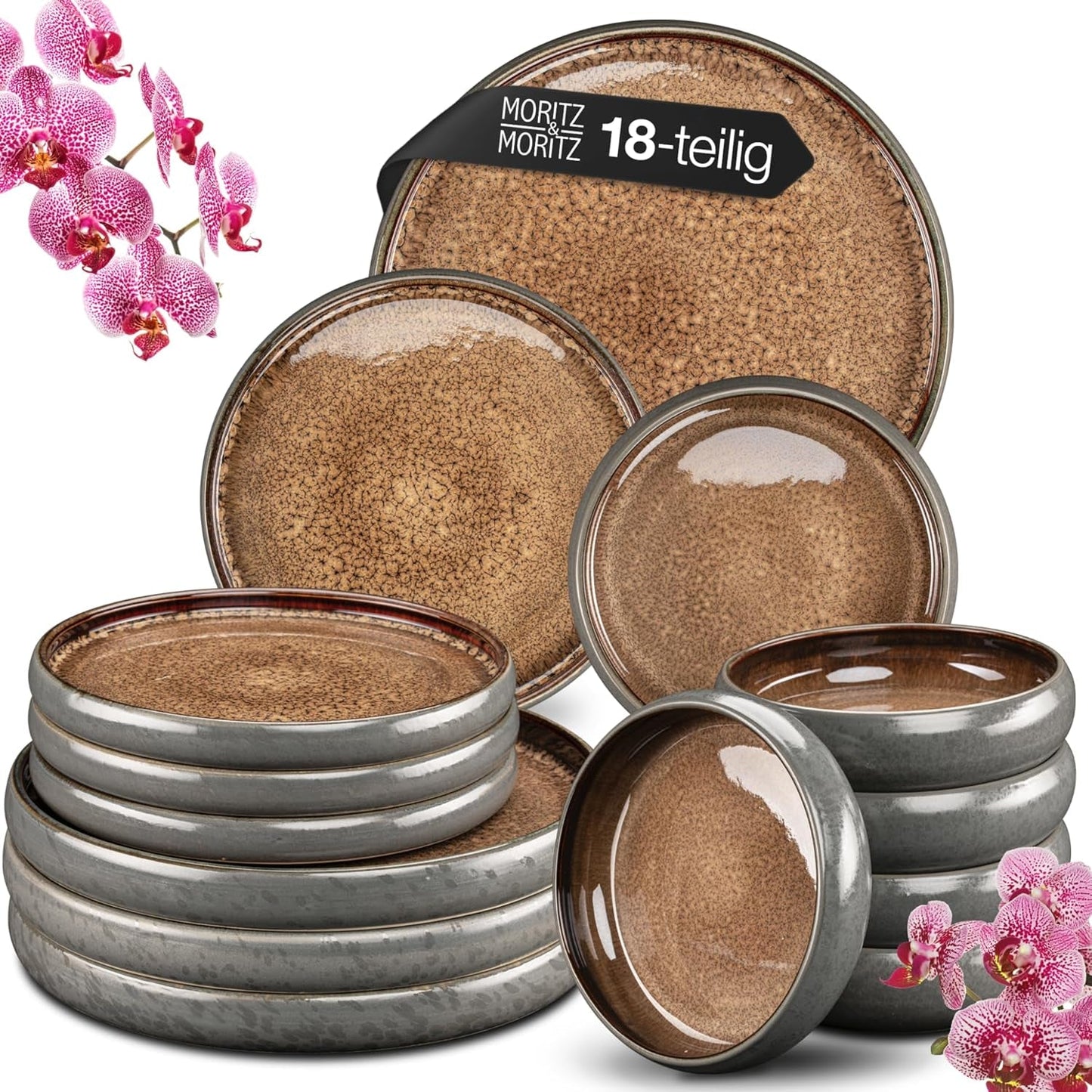 Moritz & Moritz SOLID 18-teiliges Steingut-Geschirrset für 6 Personen – Geschirrset für 6 Personen, bestehend aus 6 Speisetellern, 6 Desserttellern und 6 Speisetellern