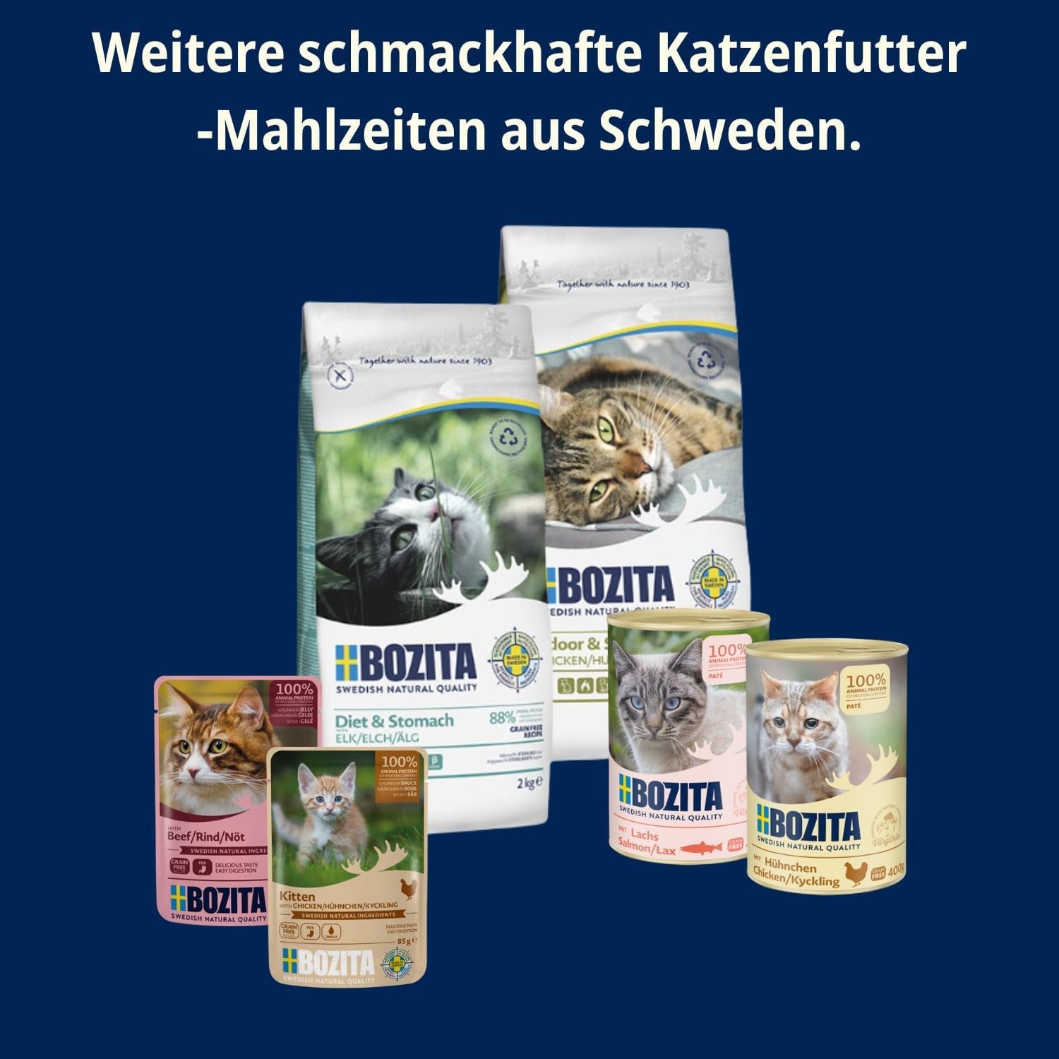 Probierpaket Bozita Tetra in Soße mit viel Huhn, Holzkohle und viel Huhn und Rindfleisch in Gelee – 4+2-6x370g Getreide- und zuckerfreies Futter für sterilisierte Katzen mit 7,5 % Eiweiß und 5 % Fett