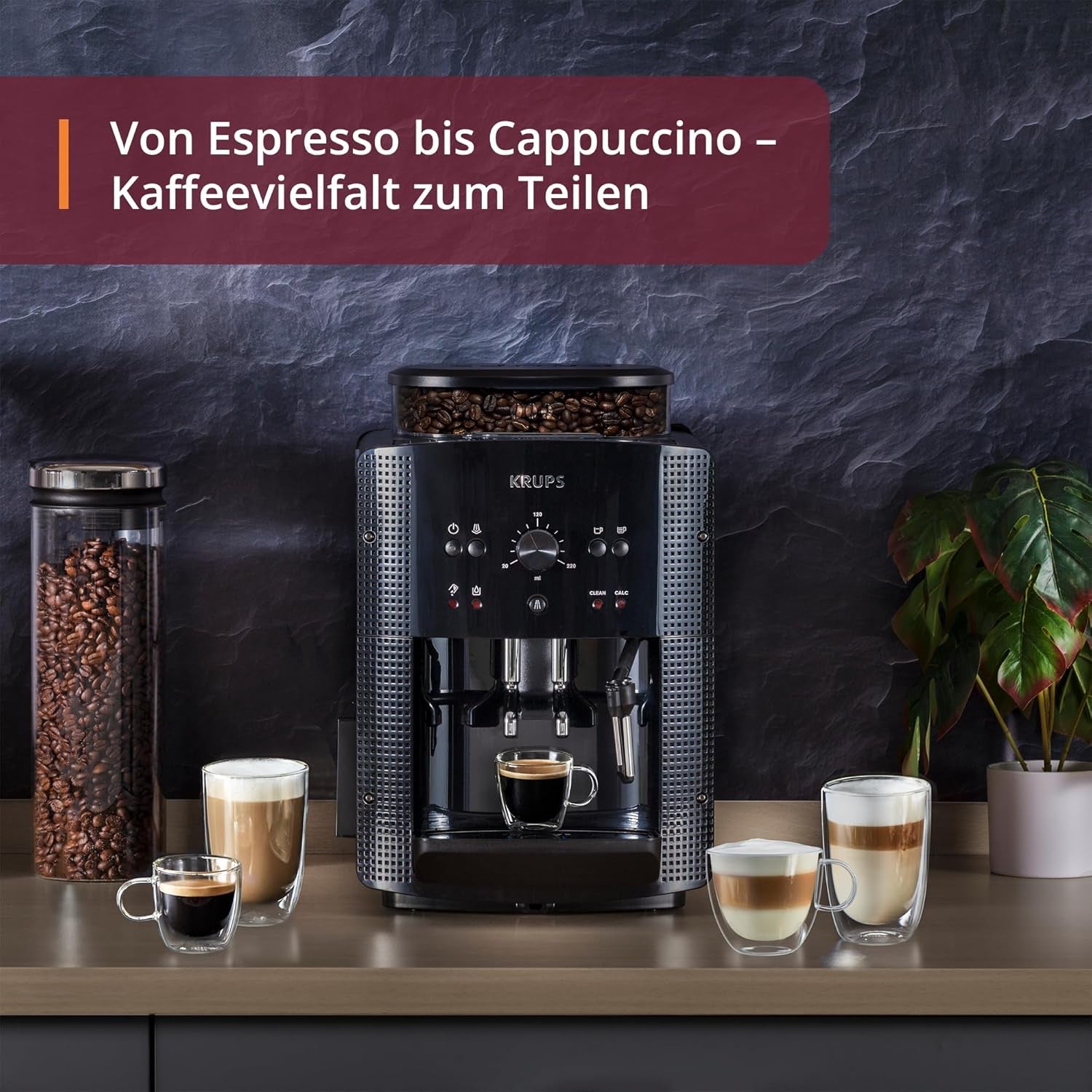 KRUPS Arabica Picto automatische Espressomaschine, kompaktes Design, einfache Bedienung, intuitiv einstellbarer Drehregler, Milchaufschäumer, 2-Tassen-Funktion, Espressomaschine, schwarz, EA810870