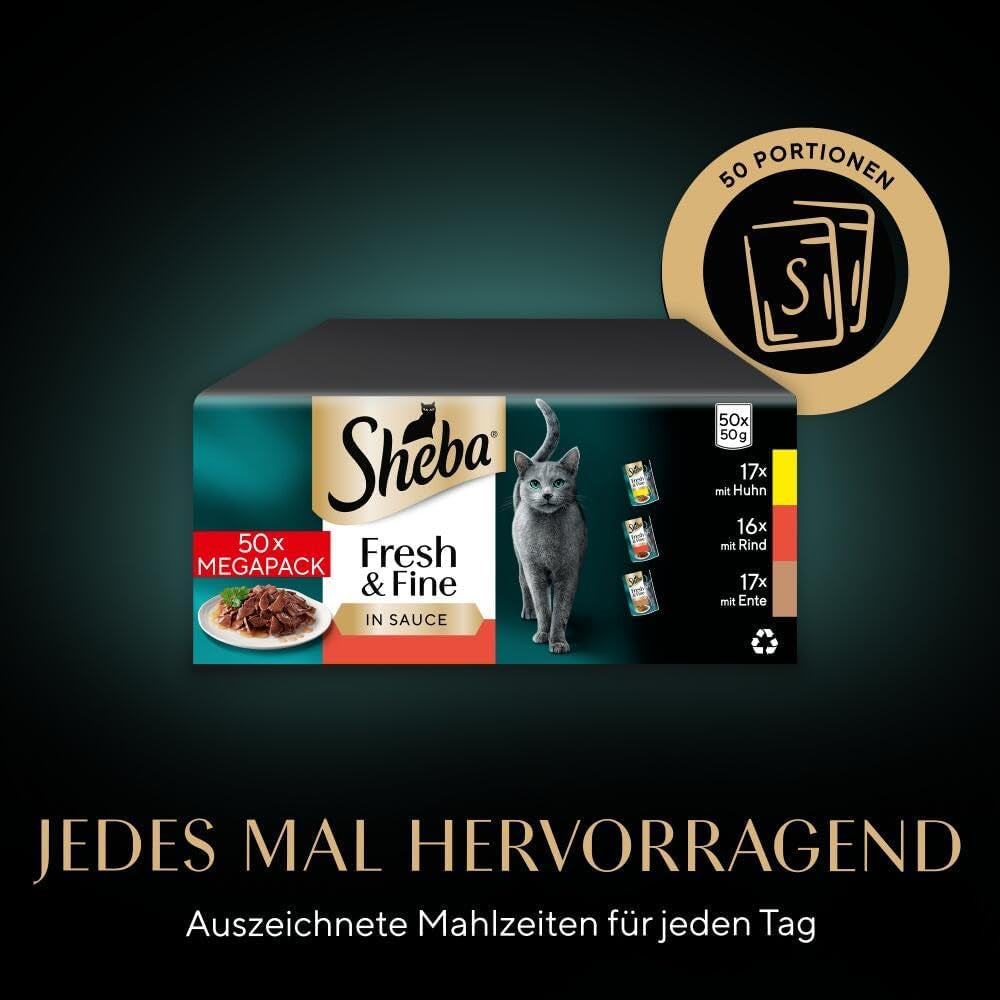 Sheba CATCARE Pouch Wet Fresh & FINE (Fleisch) Stücke in Soße für Erwachsene, 50 g, Multipack Standard