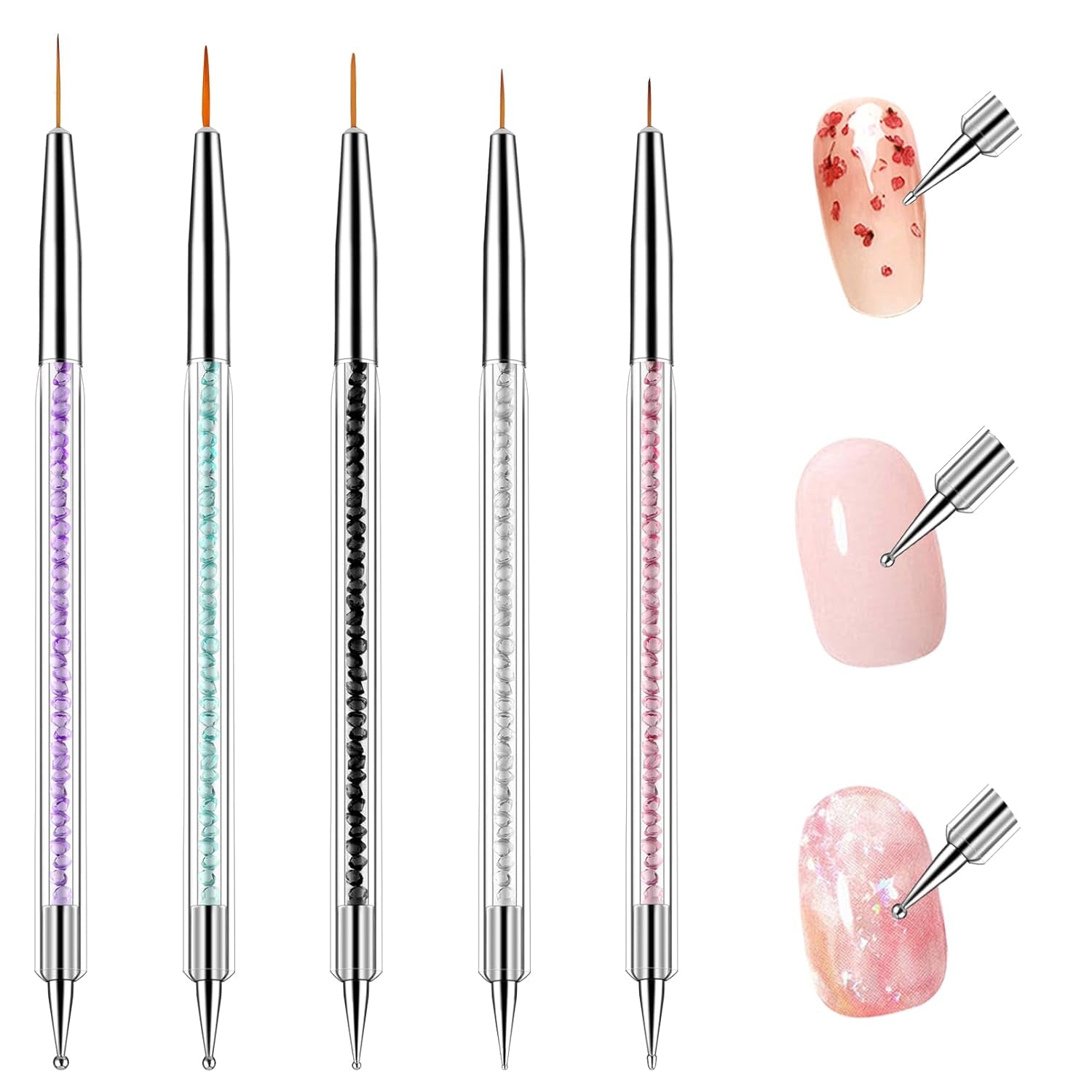 5 Stück Nail Art Pinsel Set Dotting Tool Nailart Pinsel Nageldesign Double Ended Dotting Pen Strass Professionelle Acryl Feinmalerei Nail Art Design