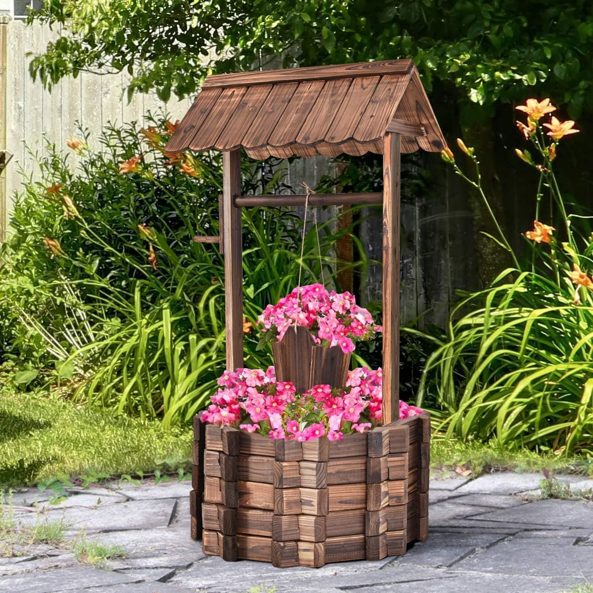 Holzbrunnen 56x56x114cm mit Dach, Wunschbrunnen, Gartendekoration, Blumentöpfe, Dekobrunnen, Blumentöpfe, Braun